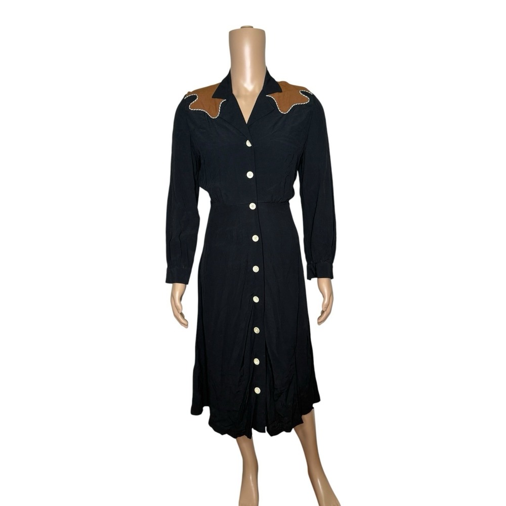 Vintage J Tabner Western Dress Womens Small Black Brown Button Front Midi USA